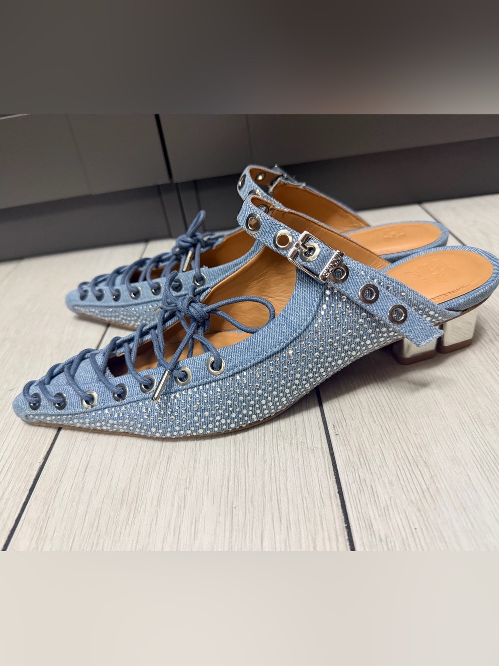 Ganni Embellished lace-up denim mules